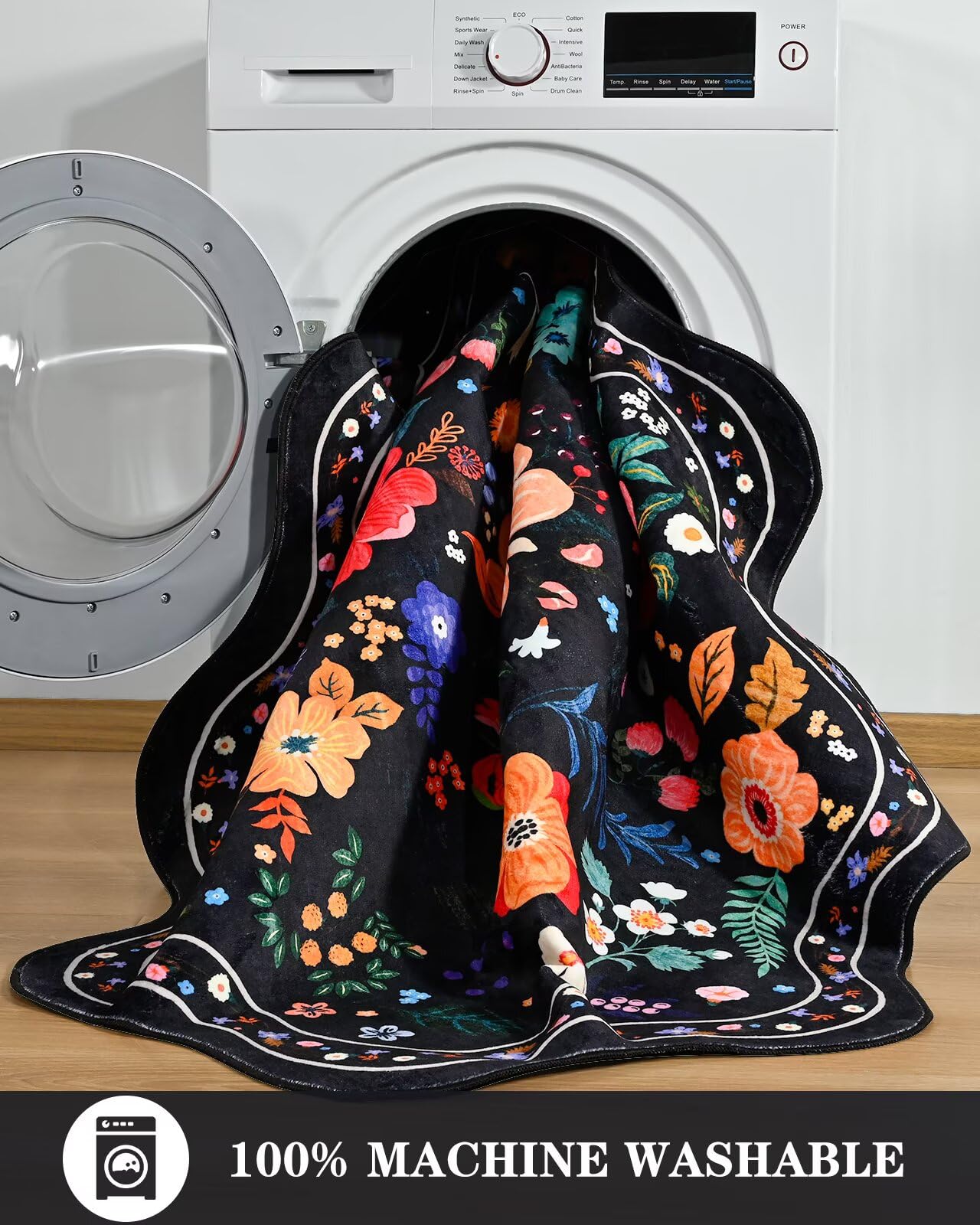 Macgace Black Round Rug for Girls Bedroom, 5ft Machine Washable Floral Area Rugs with Non Slip Backing, Cute Flower Carpet Kitchen Living Room Kids Playroom Decor