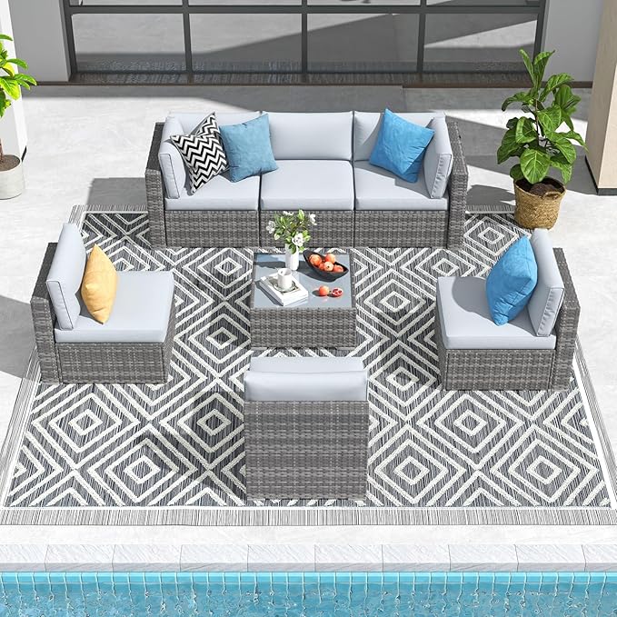 Patiorama 7 Pieces Outdoor Patio Furniture Set, All Weather Grey PE Wicker Rattan Sectional Conversation Set, Porch Garden W/Built-in Glass Table, Seat Clips, Light Grey Cushions