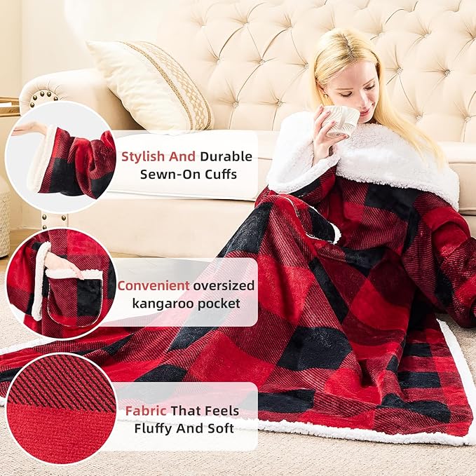 IFNOW Sherpa Wearable Blanket with Sleeves for Women Men Adults, Cozy Wearable Blanket with Arm and Pocket, Warm Full Body TV Wrap Throw blanket, Soft Robe Blanket as Gifts for Mom Wife, Plaid