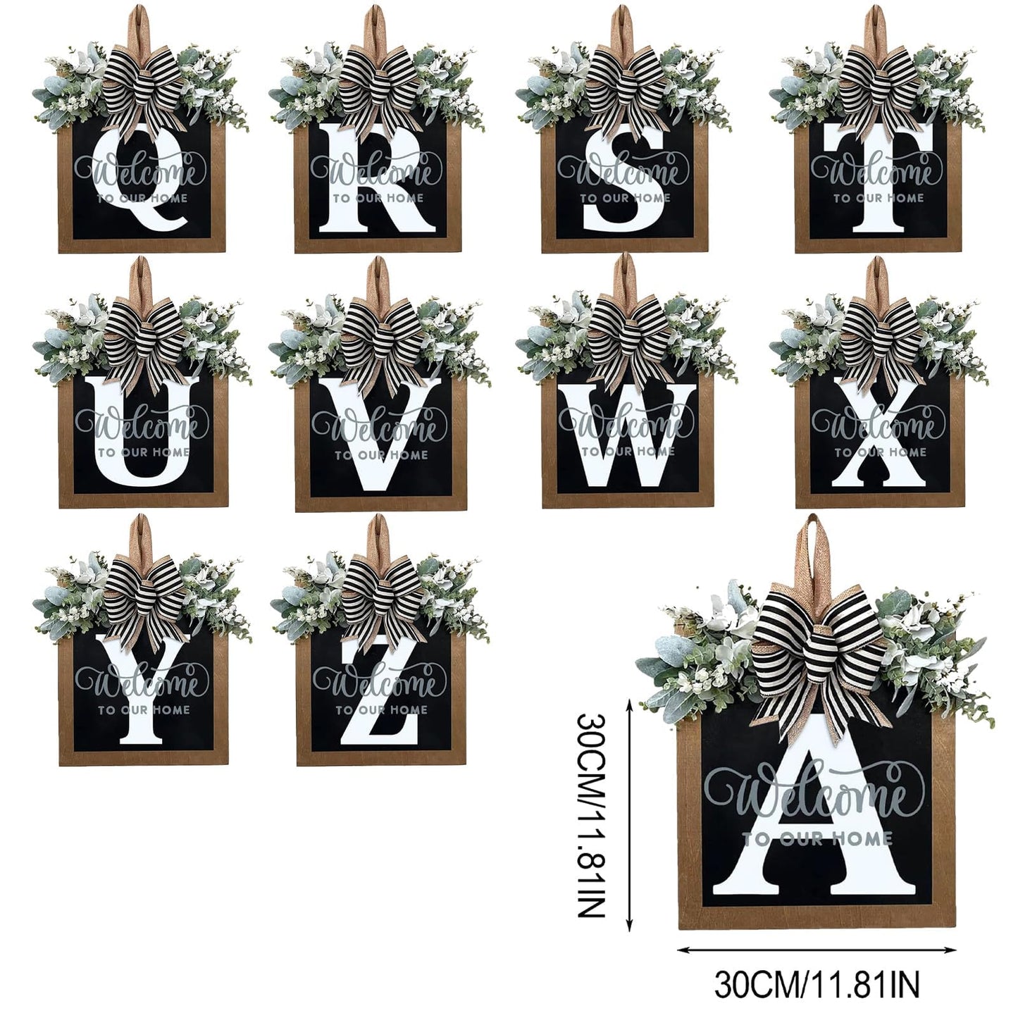 Last Name All Year Round Front Door Wreath with 26 Initial Letter Welcome Sign All Seasons Eucalyptus Garland and Bow ,Farmhouse, Porch, for Spring Summer Fall All Seasons Holiday Halloween Christmas.(G)