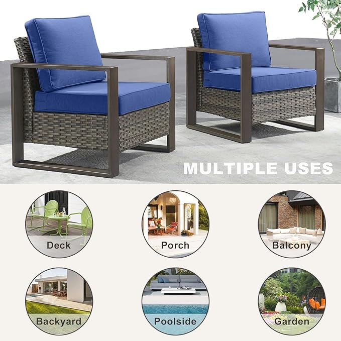 Rilyson Wicker Outdoor Patio Chairs Set of 2, Rattan Patio Furniture Chairs with Sturdy Frame,All-Weather PE Wicker,Wide Armrest,Deep Seating and Thick Cushions for Deck Porch Garden(Mixed Grey/Blue)