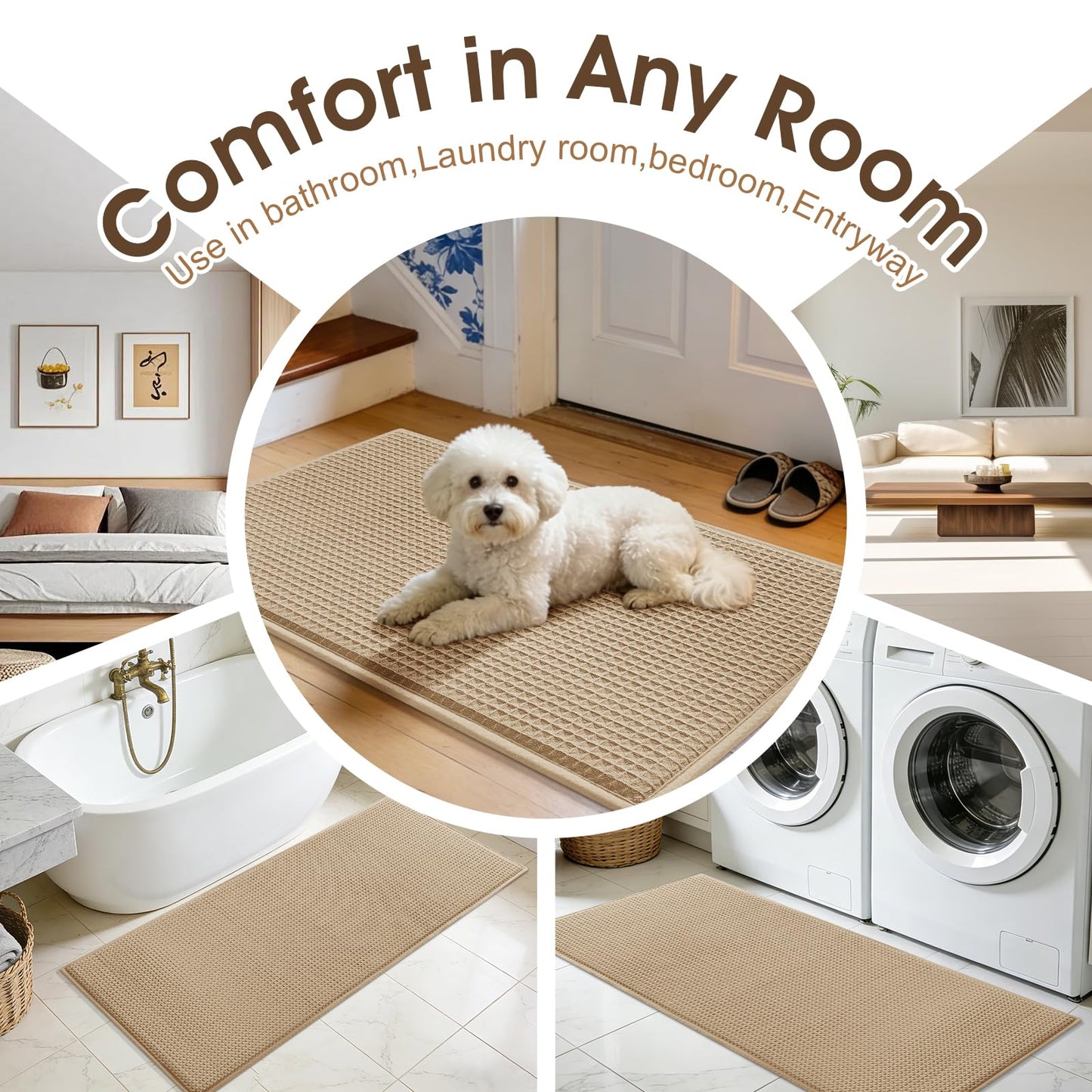 ACCUMTEK Memory Foam Bath Mat, Ultra Soft Absorbent Waffle Bathroom Rugs, Super Non-Slip PVC Backing Bath Rug Quick Dry, Machine Washable Rug for Tub, Shower, Home Decor Accessory, 32" x 20", Beige