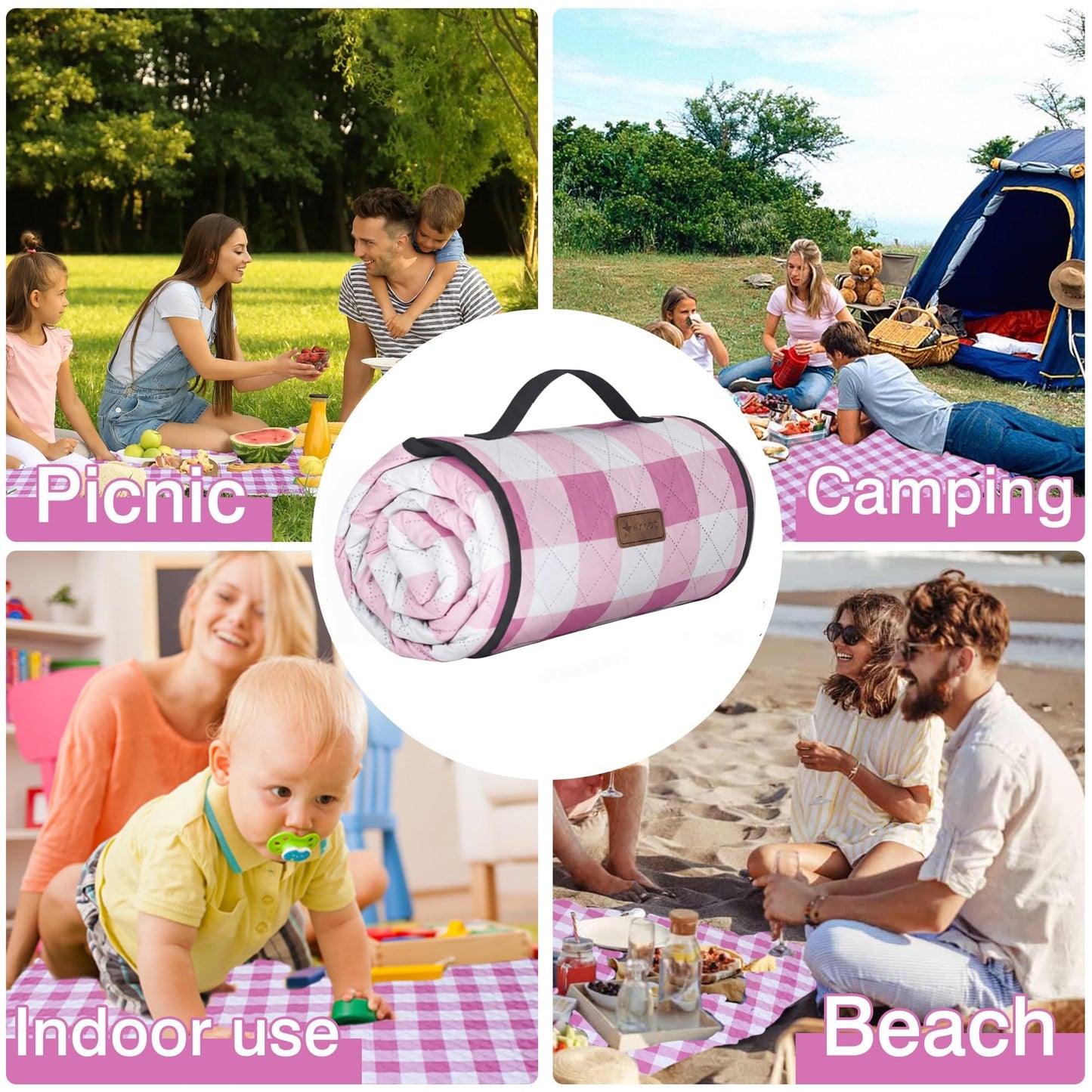 HX&OD Outdoor Picnic Blanket, Extra Large, 80''x80'' Waterproof Foldable Blankets Gingham Picnic Mat for Beach, Camping Grass Lawn Park Accessories Cute Couple Ideas Wedding (Pink, 80”x80”)