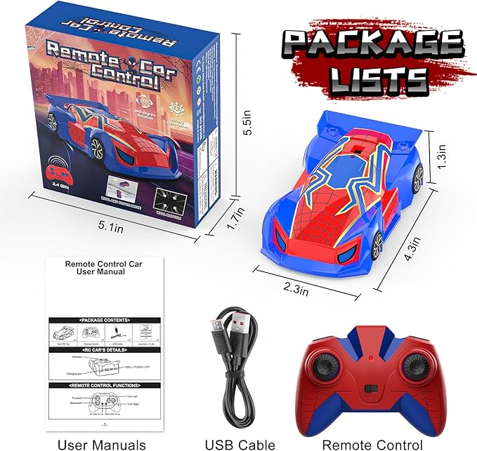 Wall Climbing Remote Control Car Mini Spider 360° Rotating RC Stunt Car Rechargeable RC Cars Toys for 3 4 5 6 7 8 9 10 11 12 Year Old Boys Girls Kids