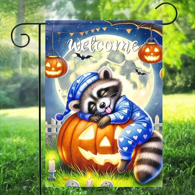 Halloween Raccoon Jack O Lantern Garden Flag Double Sided, Halloween Holiday Decorative Yard Outdoor Home Small Decor, Fall Autumn Outside House Decoration 12 x 18 inch