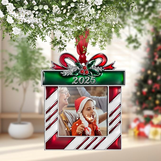 2025 Christmas Tree Ornaments Set 3 Pieces Picture Frame Ornament- Made of Zinc Alloy Glitter Powder Pendant 2.5 Inch Picture Frame for Pet and Baby Holiday Keepsake Gift(3 Pieces,2025)