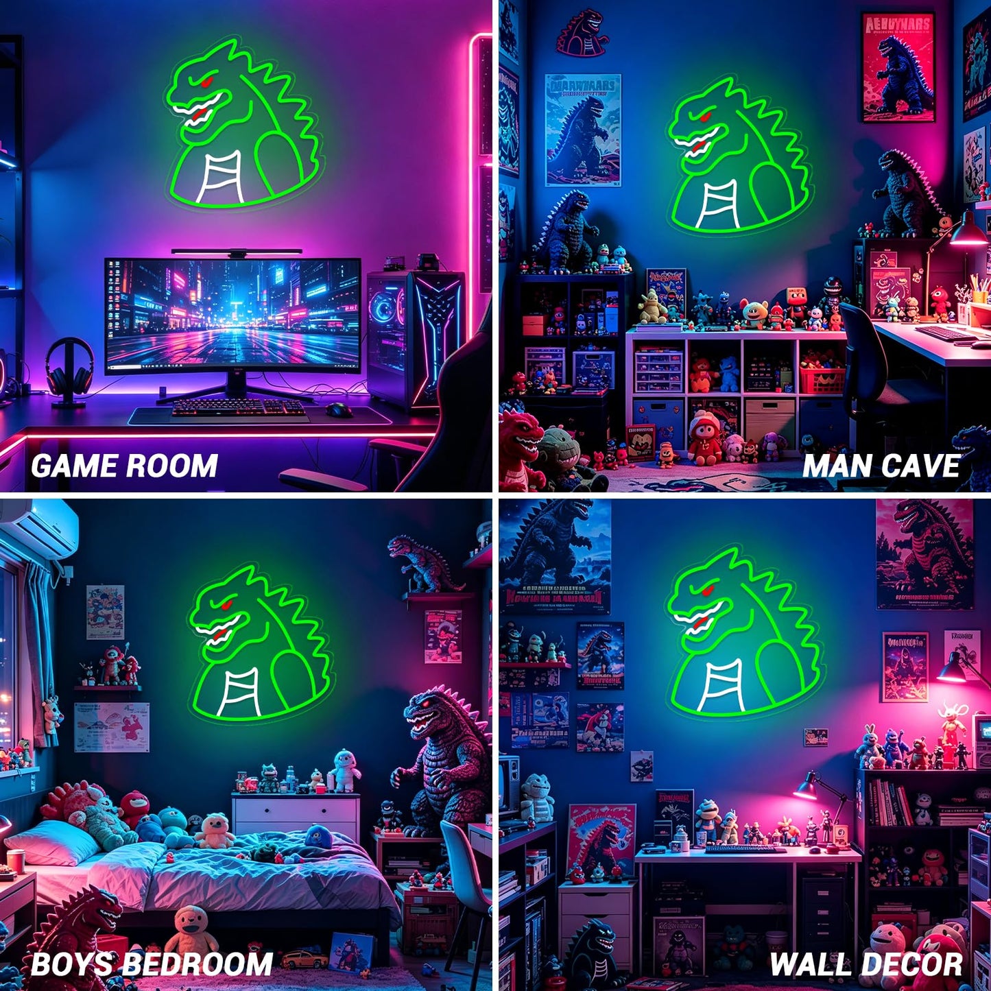 Monster Neon Sign Lights for Wall Decor, Dinosaur LED Sign for Room and Man Cave Decor, Dimmable Powered LED Signs for Boys Bedroom, Party, Birthday, Christmas Gift
