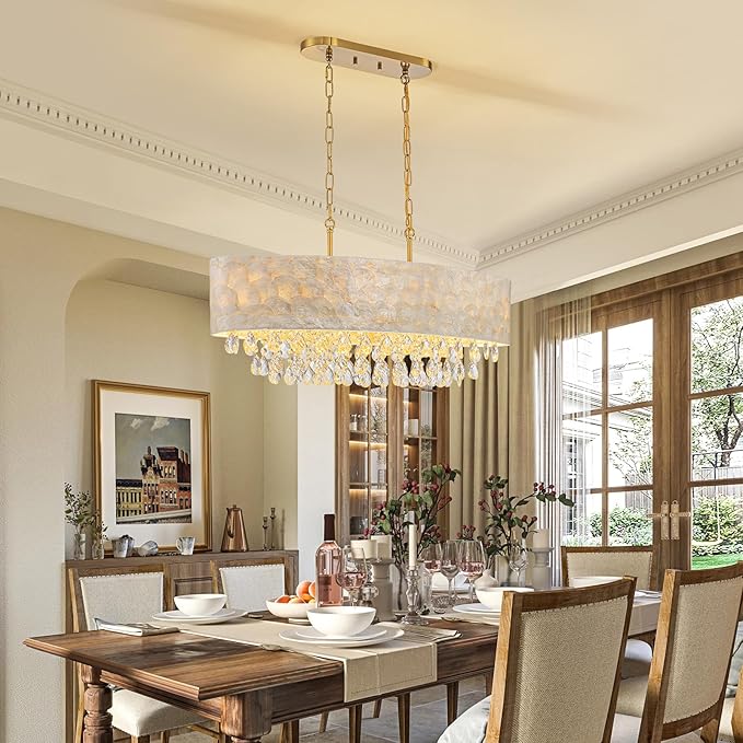 6-Lights Oval Capiz Shell Crystal Linear Chandeliers, Coastal Design Light Fixture for Dining Room, Kitchen Island, L32xW12xH19~65 Inch(Adjustable), Shell Lampshade & Brass Finish