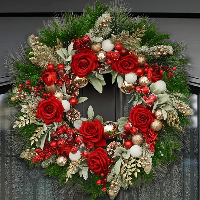 24 Inch Artificial Christmas Wreath for Front Door, Christmas Rose Floral Wreath with Lamb's Ear Red Berries Pine Cones Golden Leaves, Winter Wreaths for Front Door Wall Home Outdoor Decor