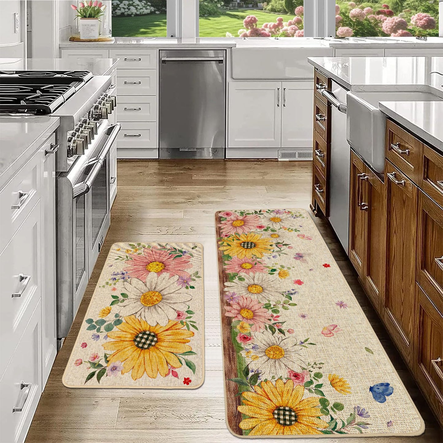 Baccessor Summer Kitchen Mats Set of 2, Sunflower Daisy Floral Kitchen Rugs for Floor Non Slip Low-Profile Seasonal Home Decor 17x29 and 17x47 Inch