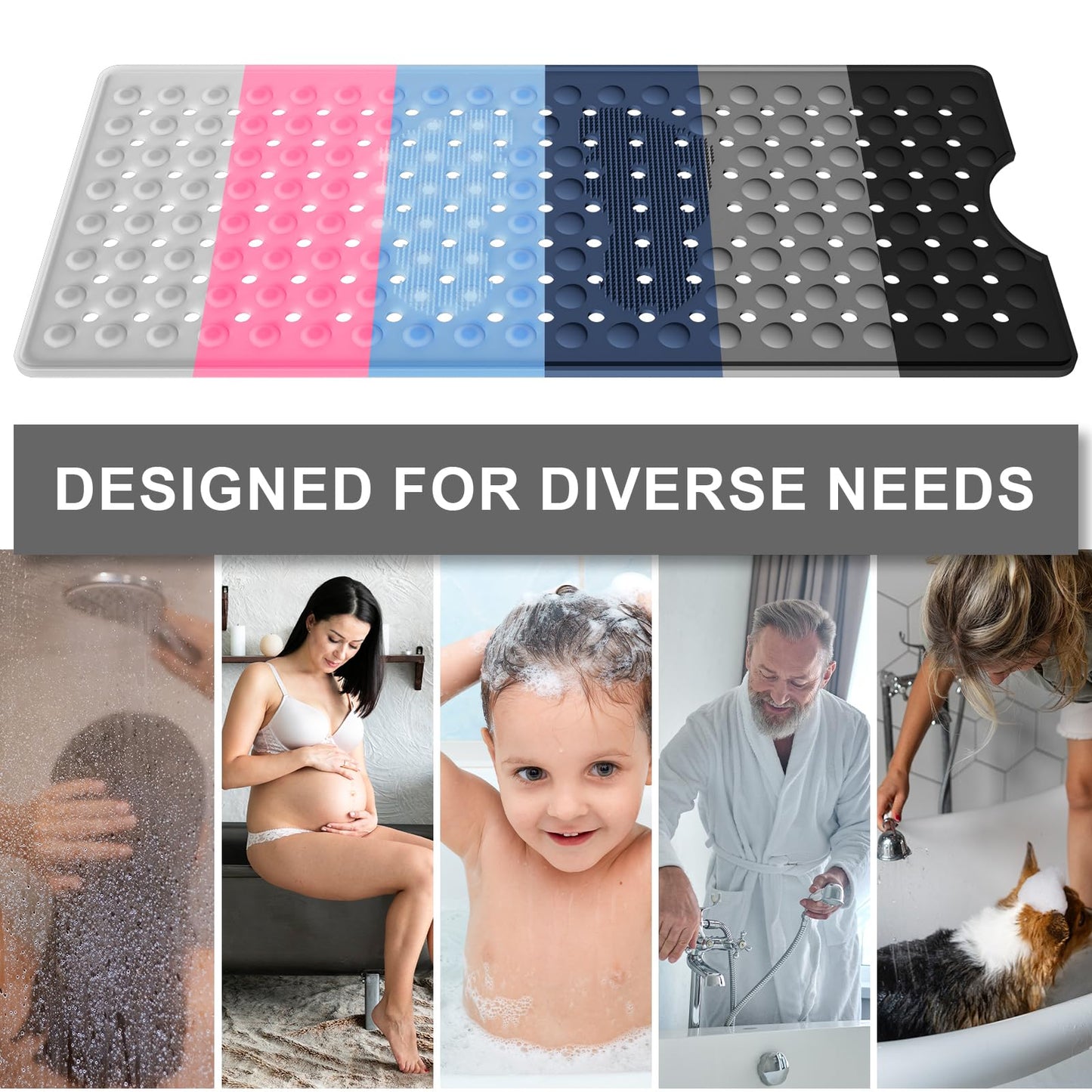Bath Mat for Tub Non Slip, 35.4 x 15.7 inch Long Bathtub Mats with Suction Cups, Machine Washable Shower Tub Mat for Bathroom Floor and Tub, Soft Silicone Material, Foot Massage Area Design, Gray