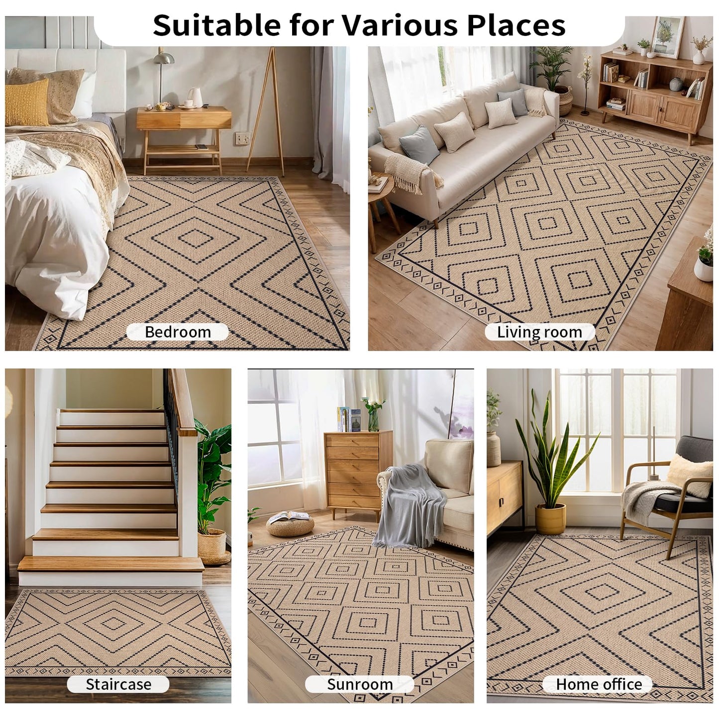 Tangsoo Easy Jute Rug 2x6 Washable Runner Rug for Hallways,Neutral Geometric Ultra Thin Indoor Carpet Runner Farmhouse Long Rnner Mat for Kitchen Entryway Laundry