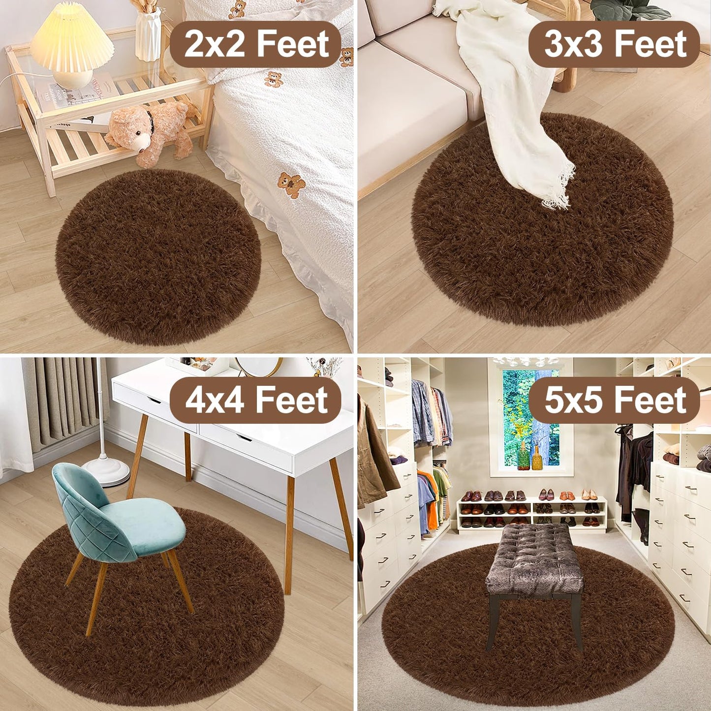 Fixseed Brown Round Area Rugs 3 Ft Small Fluffy Rug for Bedroom Shaggy Circle Rug, Soft Furry Carpet for Teen's Room Aesthetic Décor Circular Carpet for Baby Nursery Dorm Living Room Home Decor