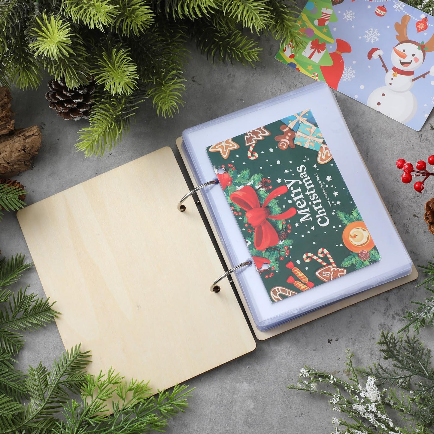 Hoolerry Christmas Wood Card Organizer Set Christmas Card Holder Include a 6 x 8 Cards Organizer a Hole Punch a Print Template 20 Protectors for Holiday Greeting Storage Gift (Classic)
