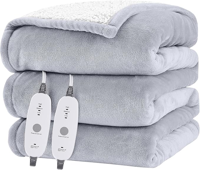 HYLEORY Heated Electric Blanket Queen 84"x90" Soft Fleece & Flannel with 5 Heating Levels & 10 Hours Timer Auto Shutt Off, ETL Certified, Washable,Heated Blanket for Body-Light Grey