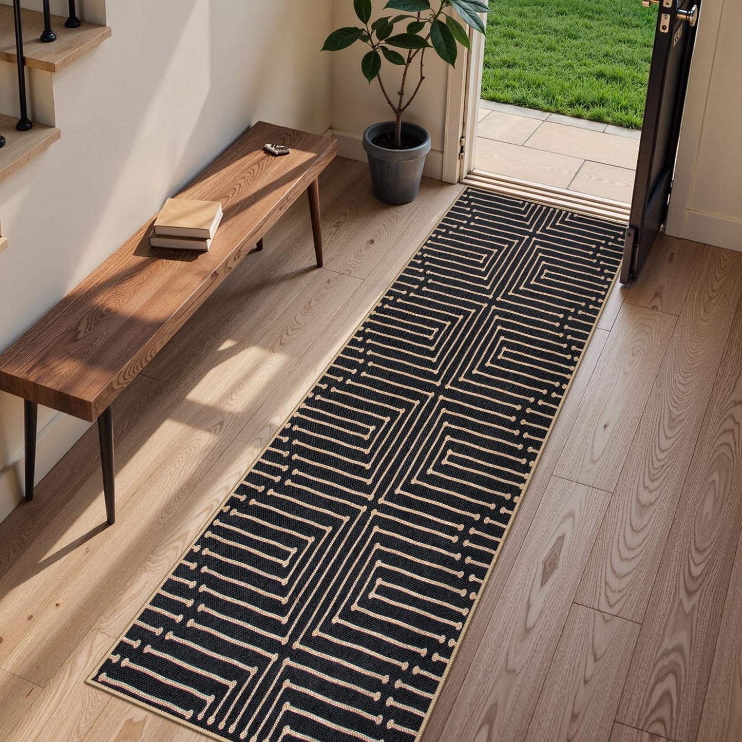 Lahome Maze Lines Easy Jute Washable Runner Rug, 2x8 Kitchen Runner Rug for Hallway, Non Slip Indoor Outdoor Rugs for Entryway Indoor, Black Low Pile Front Door Carpet for Laundry