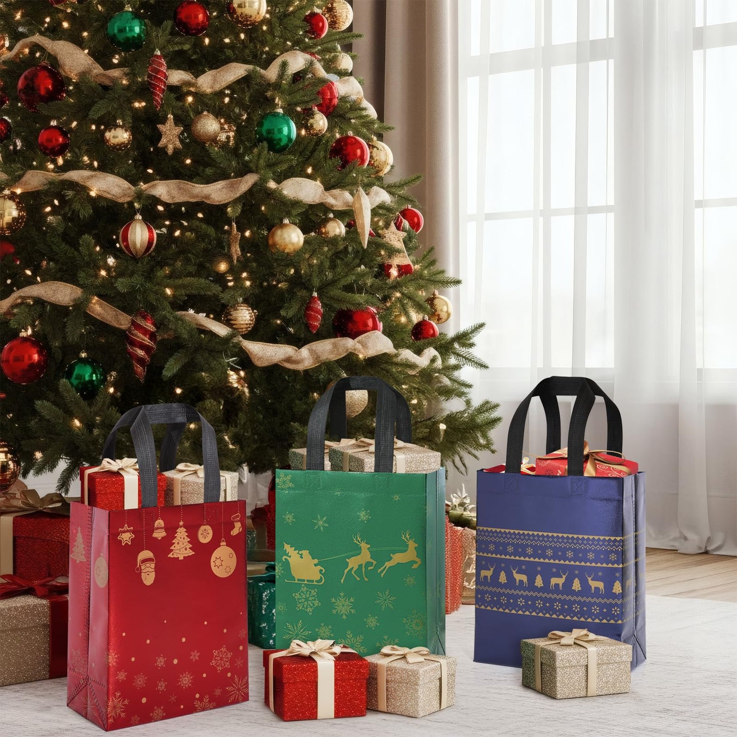 STYPOP 32 Pack 10" Christmas Gift Bags Medium Size with Tissue Paper, Reusable Non-Woven Christmas Tote Bags with Handles, Perfect for Holiday Gift Wrap/Party Favor Supplies, 10.2" ร 8.3" ร 4"