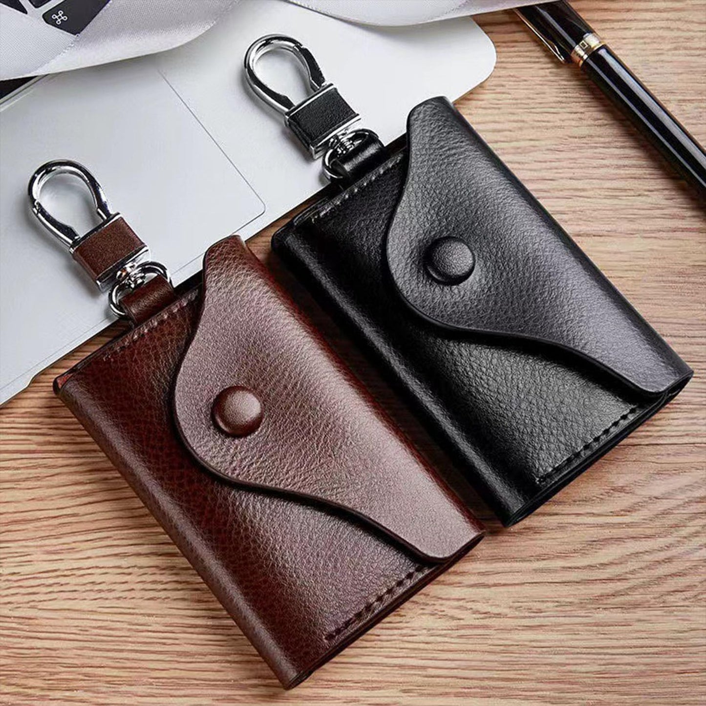FAYZSOWSR Keys Holder, Leather Men Wrap 8 Keys Position Key Holder Genuine Leather Key Case Metal Clasp Key Case for Cards (Brown)