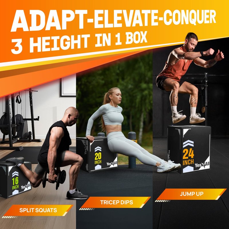 Yes4All 3-in-1 Soft-Padded Plyo Box With Wooden Core, Non-Slip Multi-Use Cushioned Plyometric Jump Box with Vinyl Cover for Jumping, Conditioning, Strength Training, 24" x 20" x 16"