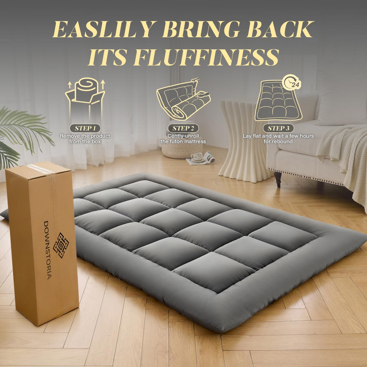 DOWNSTORIA Japanese Floor Mattress, Foldable Futon Mattress Tatami Mat with Handle, Roll Up Camping Sleeping Pad for Adults, Guestroom Floor Bed, Full Size, Grey