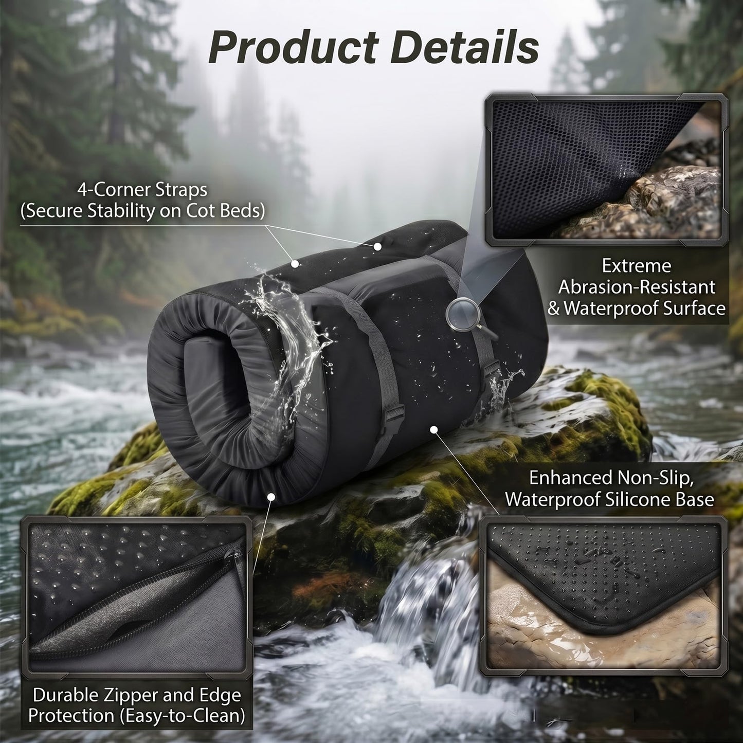 ORSEQFFG Camping Mattress Pad, 3 Inch Memory Foam Camping Mattress with Non-Slip Bottom & Washable Cover, Portable Roll Up Floor Camping Mat, Camping Sleeping Pad for Adults, Car Bed with Travel Bag