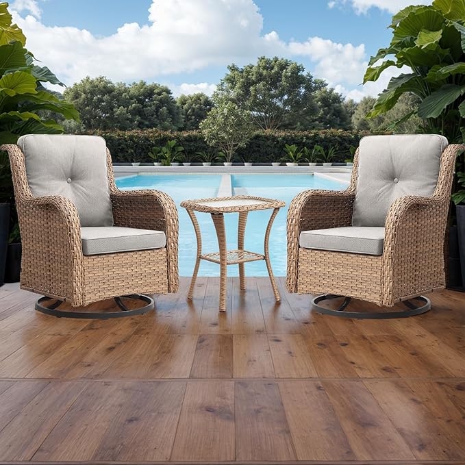 Rilyson Patio Chairs Rocking Swivel Chiar - 2 Piece Outdoor Wicker Furniture Chairs Set Rattan Rocker Chairs with High Back and Deep Seating for Outside Porch Deck Garden(Yellow/Beige)