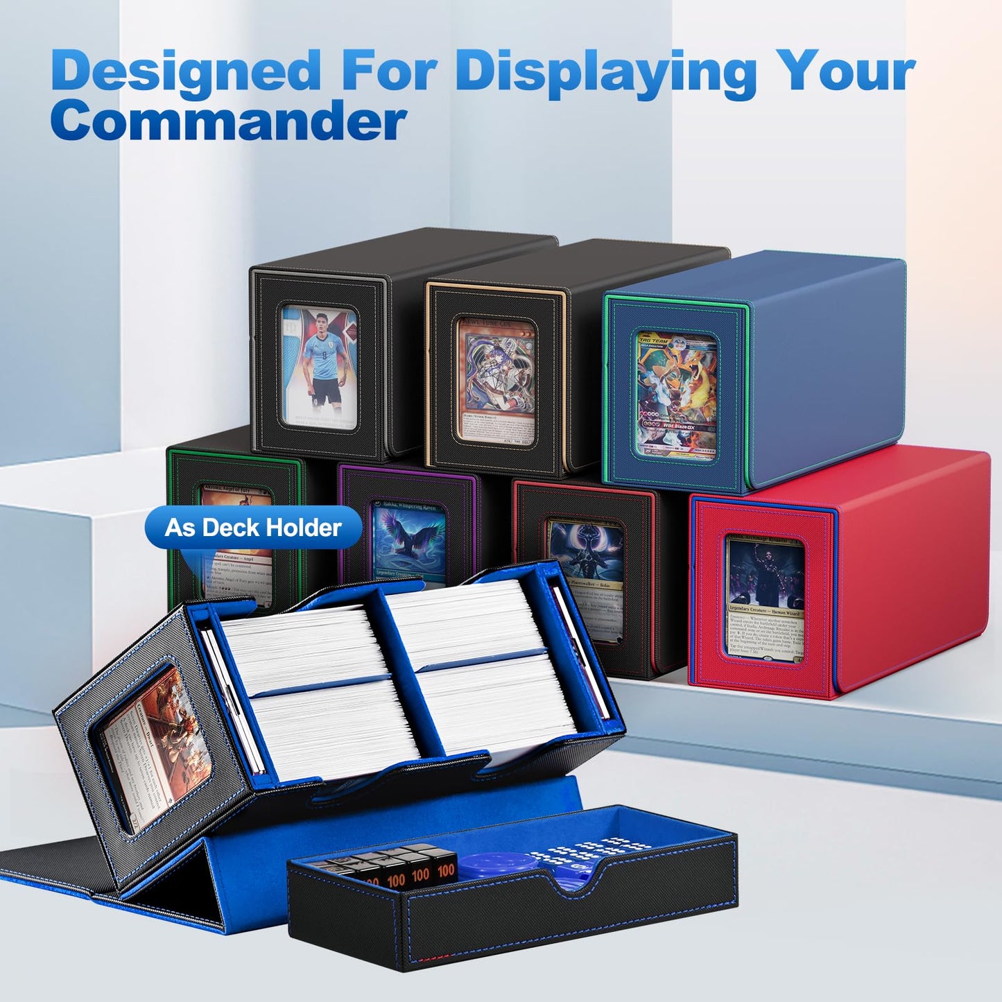 UAONO MTG Commander Deck Box, 3-in-1 Magnetic Card Box with 2 Top Loaders Display & 1 Dice Tray, Fits 200 Double Sleeved, Card Organizer Compatible with Magic the Gathering(Blue Yellow)