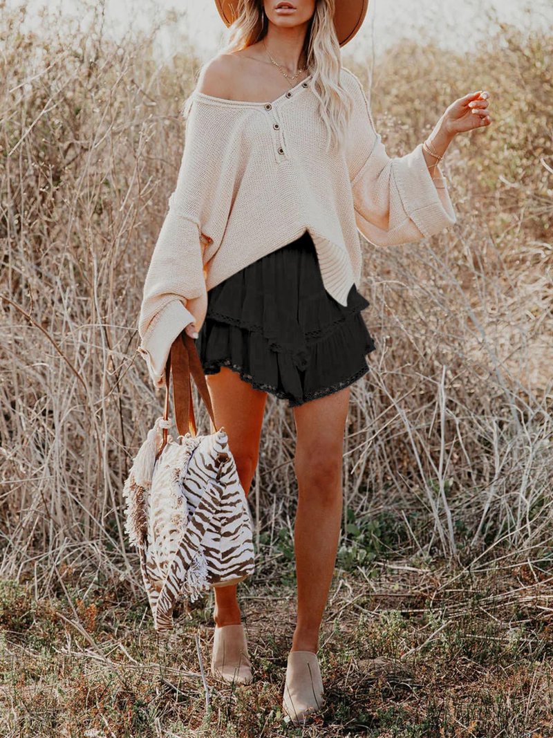 Aoudery Flowy Shorts for Women Casual Boho Ruffle Tiered Skorts High Waist Mini Skirts Golf Tennis Butterfly Crochet Shorts - Black XL