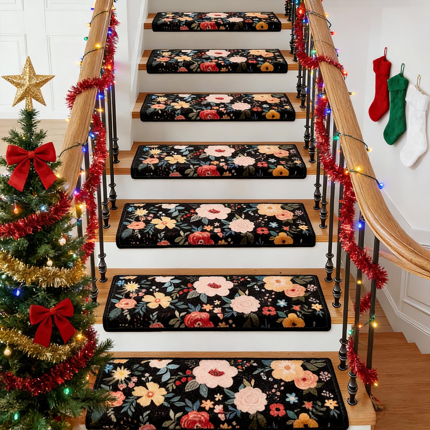 RORA Bullnose Stair Treads for Wooden Steps,Non-Slip Peel and Stick Stair treads Stair Carpet for Indoor Runner and Pets,Floral Stair Rugs,Soft Washable Staircase 14pcs 29.5 ''x9.5 ''x1.5 ''