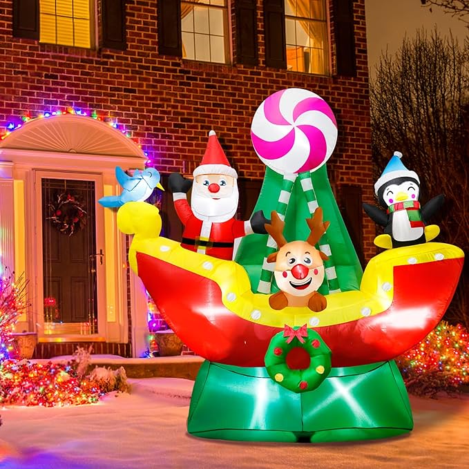 6 FT Christmas Inflatables Animals Sitting on Ship Christmas Blow ups Built in LED Lights Christmas Decorations Inflatables for Christmas Holiday Garden Lawn