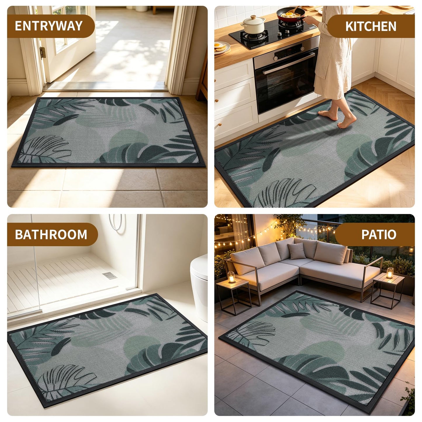 WELDUN Front Door Mat, Heavy Duty Non-Slip Rubber Dirt Trapper, Quick-Dry Low-Profile Washable Easy Clean, Welcome Mat for Indoor Outdoor Entryway Porch Patio Garage Mudroom 35.5"x24", Green Leaves
