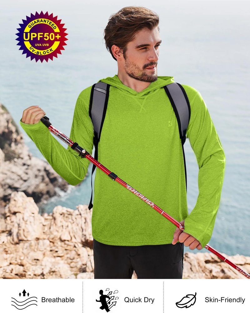 Roadbox Mens UPF 50+ Fishing Shirts, Long Sleeve UV Sun Hoodie, Hiking Running Swim Athletic Workout Shirt