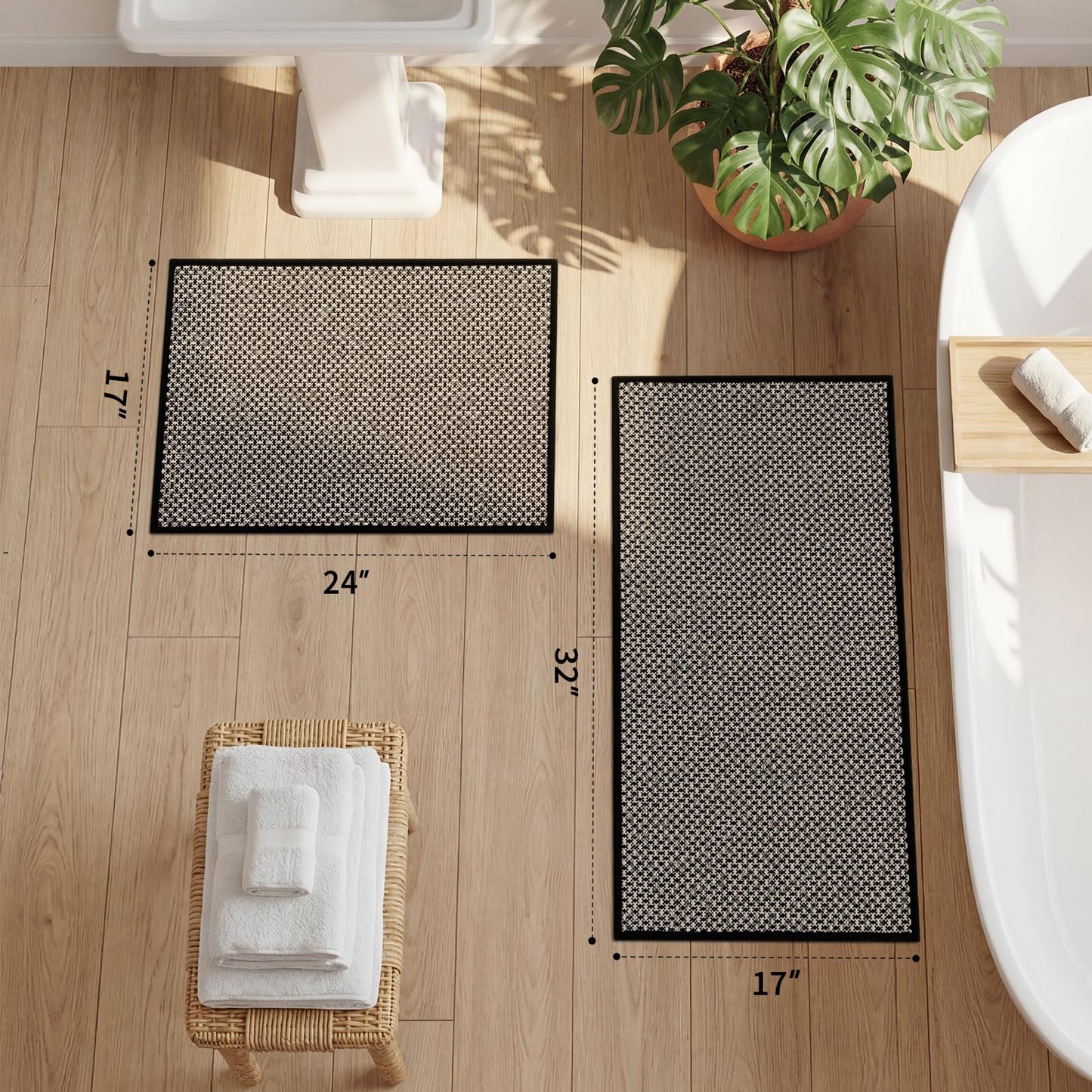 YIHOUSE Thin Bath Mat Black Bathroom Rugs Sets 2 Pieces, Non Slip Absorbent Mats Quick Dry, Woven Rugs Washable, Tapetes para Baño for Bathroom Toliet,Bathtub(17"x24"+17"x32")