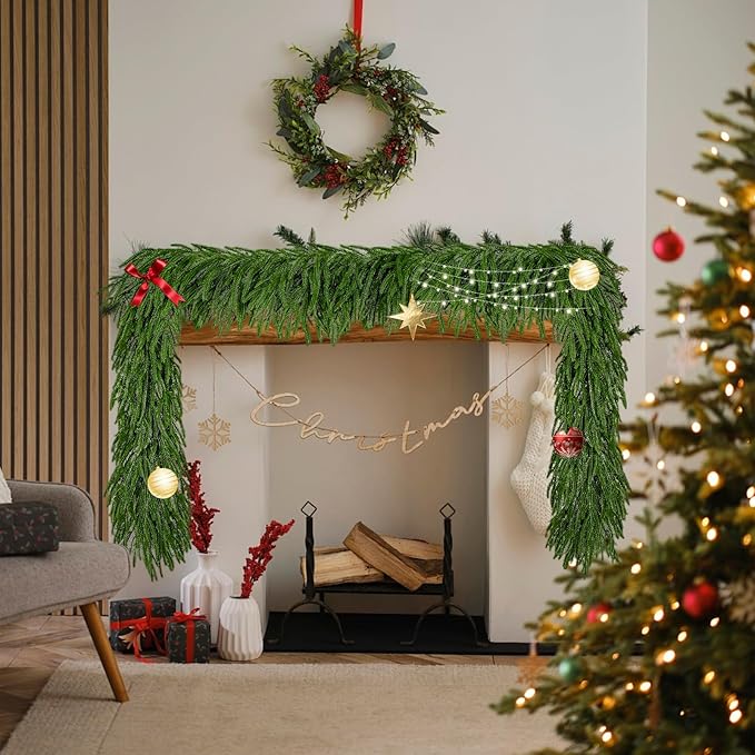 9 Ft Norfolk Pine Christmas Garland - Artificial Faux Pine Needles Real Touch Winter Garland - Indoor/Outdoor Holiday Greenery Garlands for Fireplace Mantle, Staircase, Window Decor