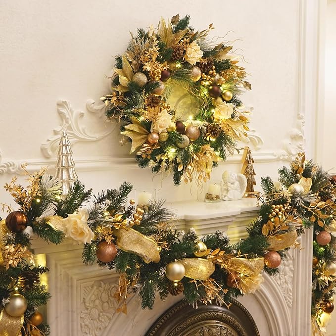 Christmas Wreaths for Front Door with Lights Pre-Lit 24 Inch Champagne Gold Door Wreath with Ball Ornaments, Rose Battery Operated Holiday Thanksgiving Christmas Wreath Decor