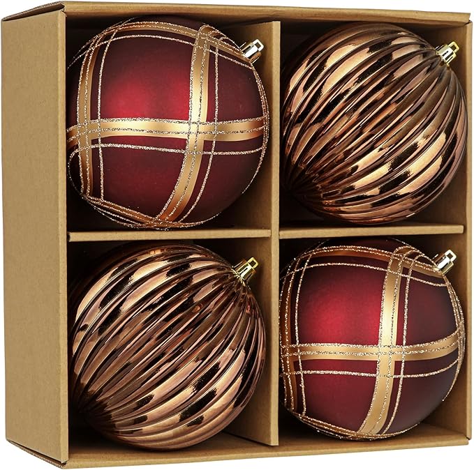 4.7" Large Plastic Christmas Balls Ornaments Set of 4, Glitter Shatterproof Christmas Bulbs Ornaments for Xmas Tree Decorations, Burgundy & Bronze Ornament for Tree,Mantel,Garland,Winter,Party Decor