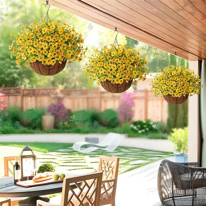 Artificial Faux Hanging Plants Flowers Basket for Fall Outdoor Decoration, Fake Silk Daisy in Planter Realistic UV Resistant Look Real for Porch Home Patio Balcony Yard(Yellow)