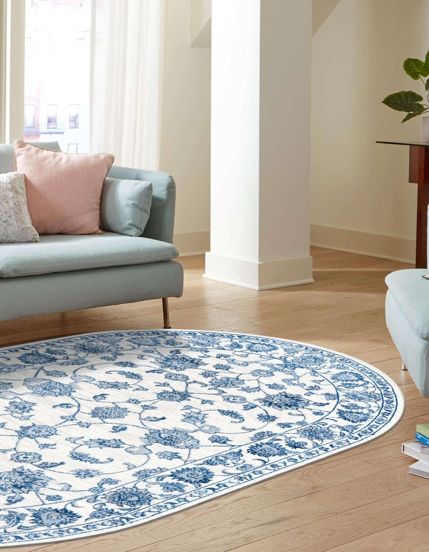 Unique Loom Boston Collection Area Rug - Floral (5' 3" x 8' Oval, White Blue/ Gray)