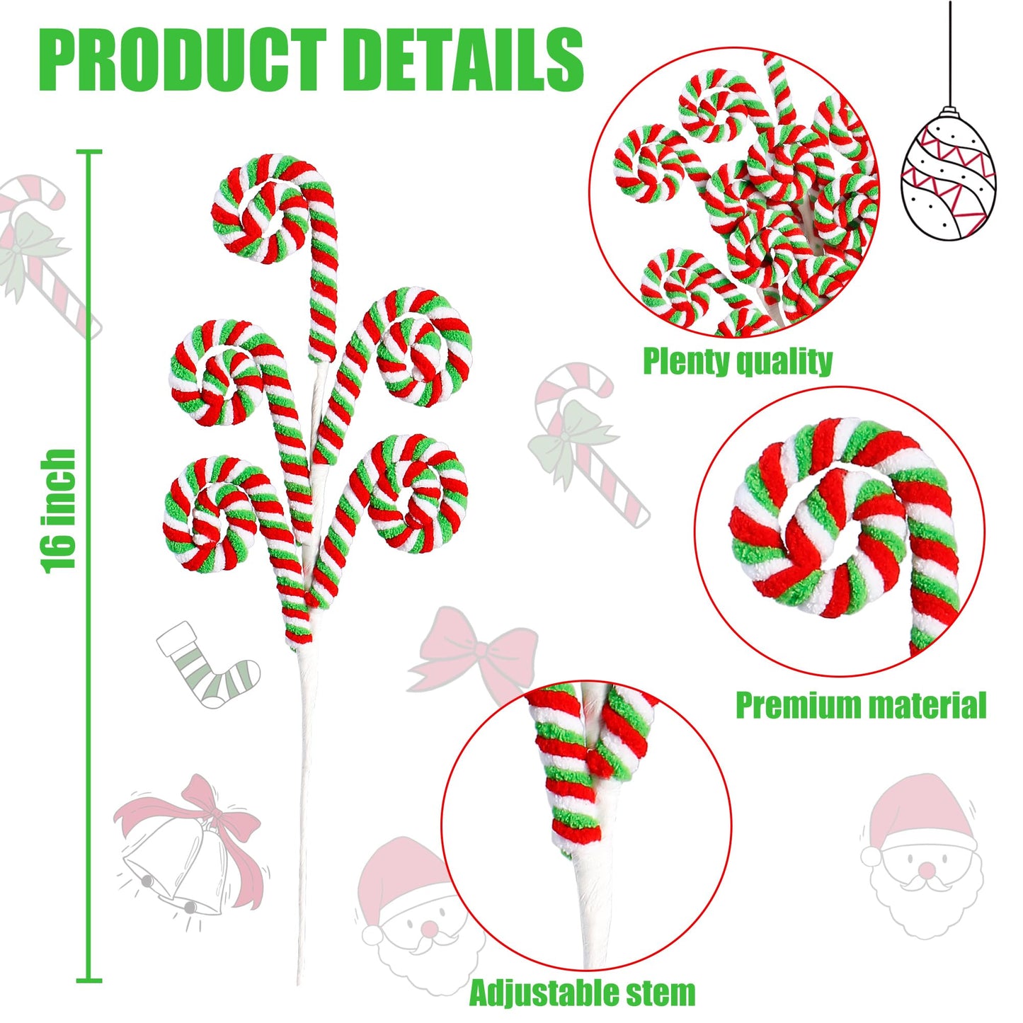 Sggvecsy 6 Pcs Christmas Tree Decoration Woolen Bells Candy Cane Shape Picks Lollipop Curly Pick Ornaments Xmas Tree Topper for Party Vase Filler Home Office Decor (Green)