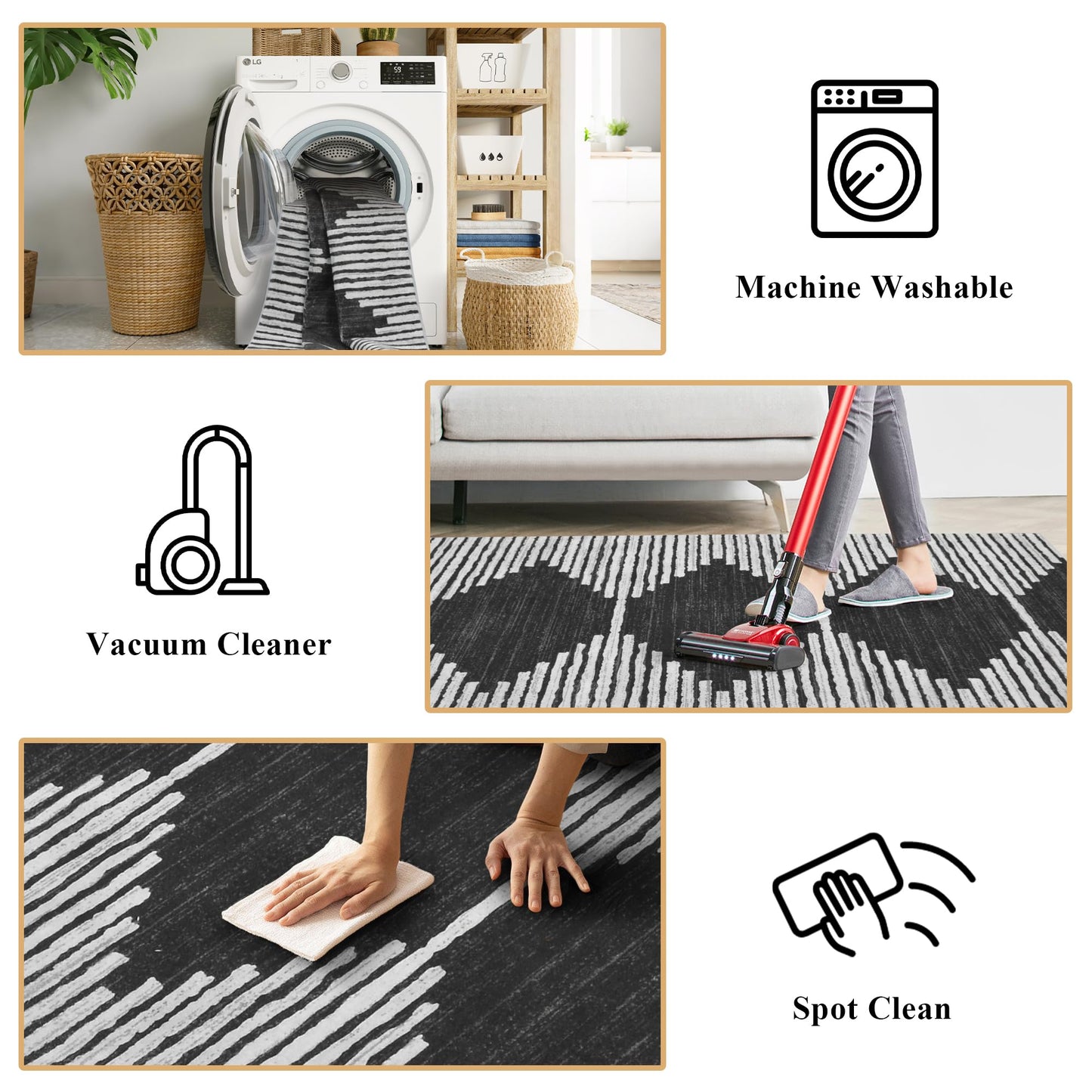 HelloTree Area Rug for Living Room Washable Geometric Moroccan Rug Stripe Farmhouse Bohemian Minimalistic Non Slip Non Shedding Ultra Thin Soft Rug for Bedroom Office DiningRoom Nursery-Black 5'x7'