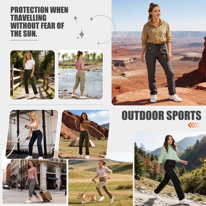 Toomett Women's Hiking Pants Quick Dry UPF 50 Travel Golf Pants Lightweight Camping Work Cargo Pants Zipper Pockets,6608,Lake Green,L