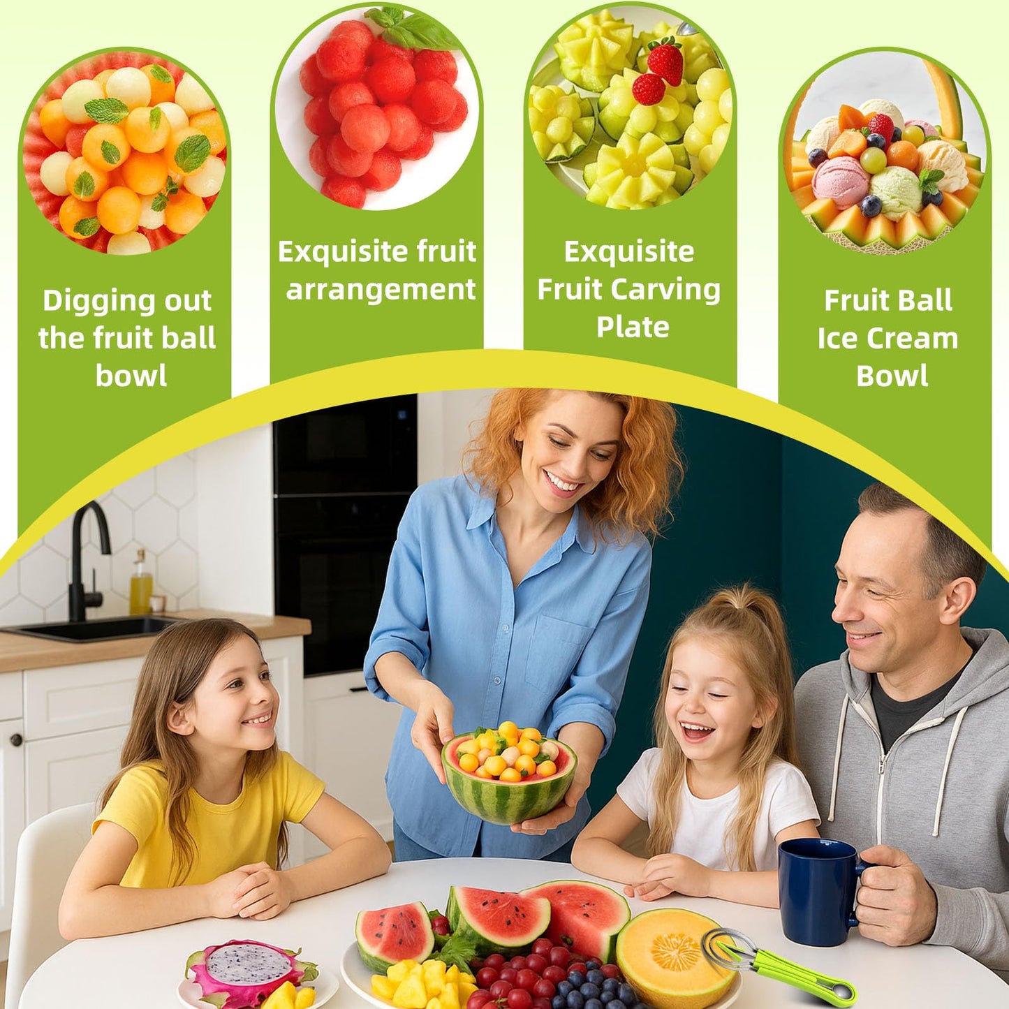Suuker Melon Baller Scoop Set,4 In 1 fruit cutters shapes, watermelon scooper fruit scooper and baller, fruit carving tools(Green)