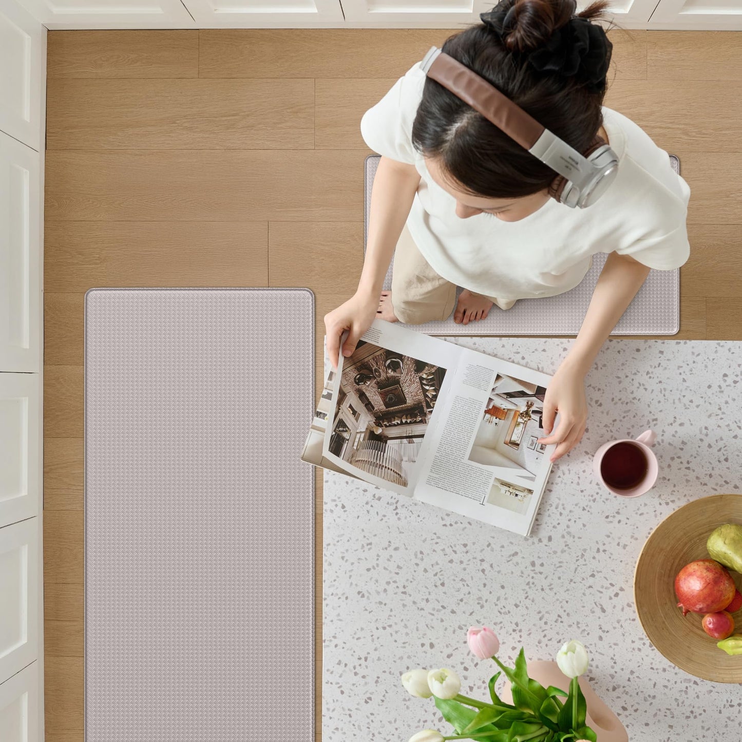StepAura Kitchen Mats for Floor 2 Piece - 17"x29"+17"x59" Anti Fatigue Mats for Kitchen Floor - Non Slip Cushioned Rugs for Standing - Ivory