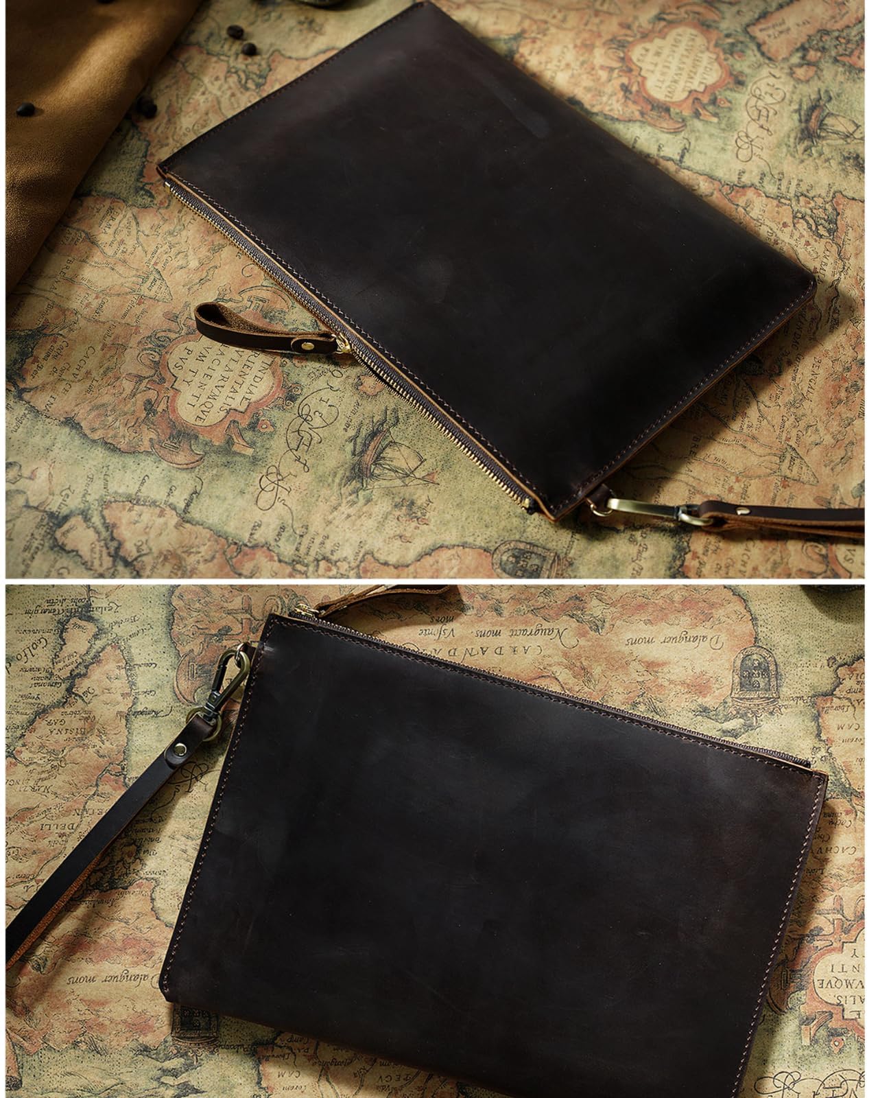 Inkfew Genuine Leather Wristlet for Women and Men, Leather Clutch Business Briefcase Tablet Sleeve Bag with Zip Closure