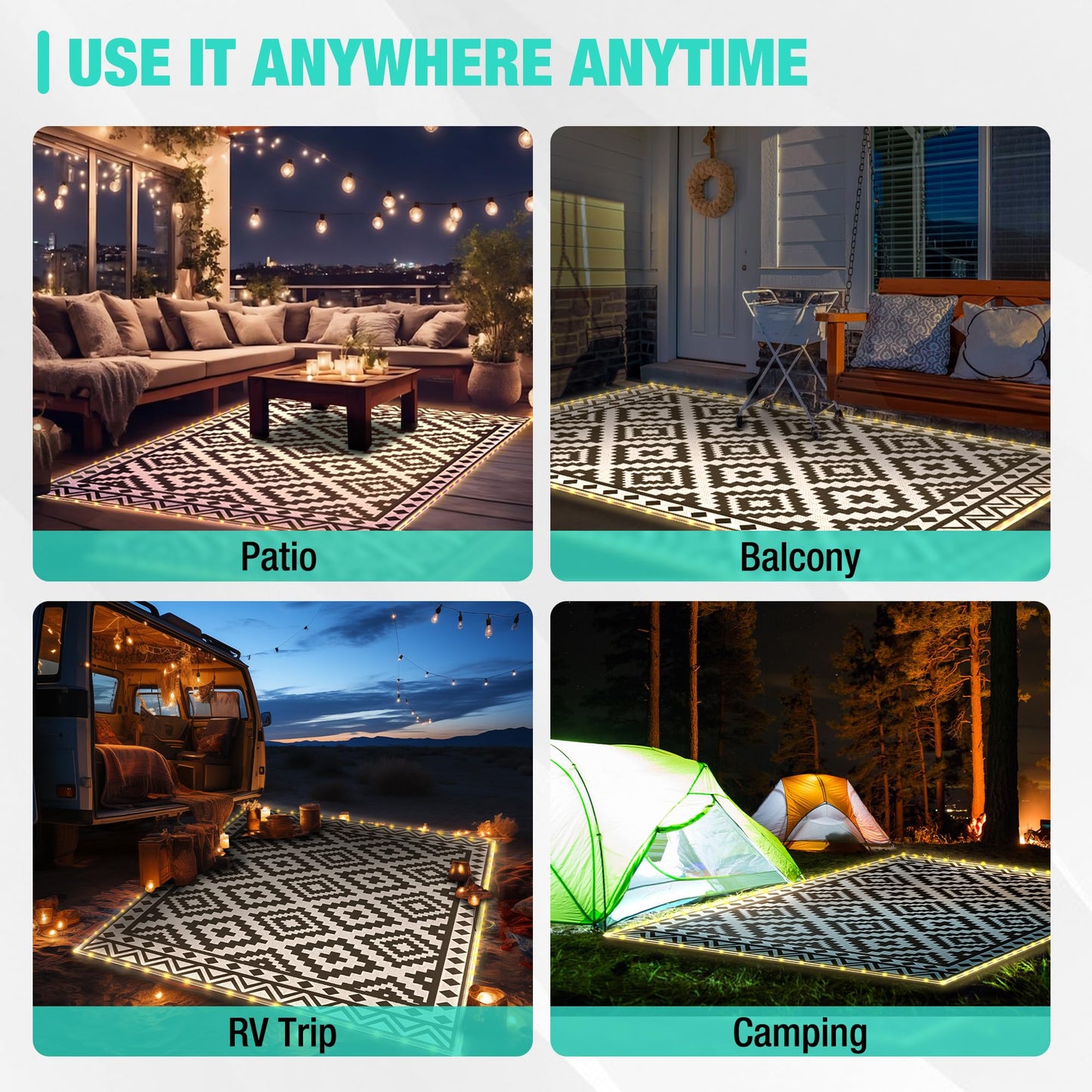 HAUSHOF 5'X8' Outdoor Rug Waterproof with LED Strip Light, Reversible Outdoor Plastic Straw Rug, Patio Rug with 4 Rug Stakes, Outdoor Carpet Mat for RV, Camping, Beach, Porch, Balcony, Black&White