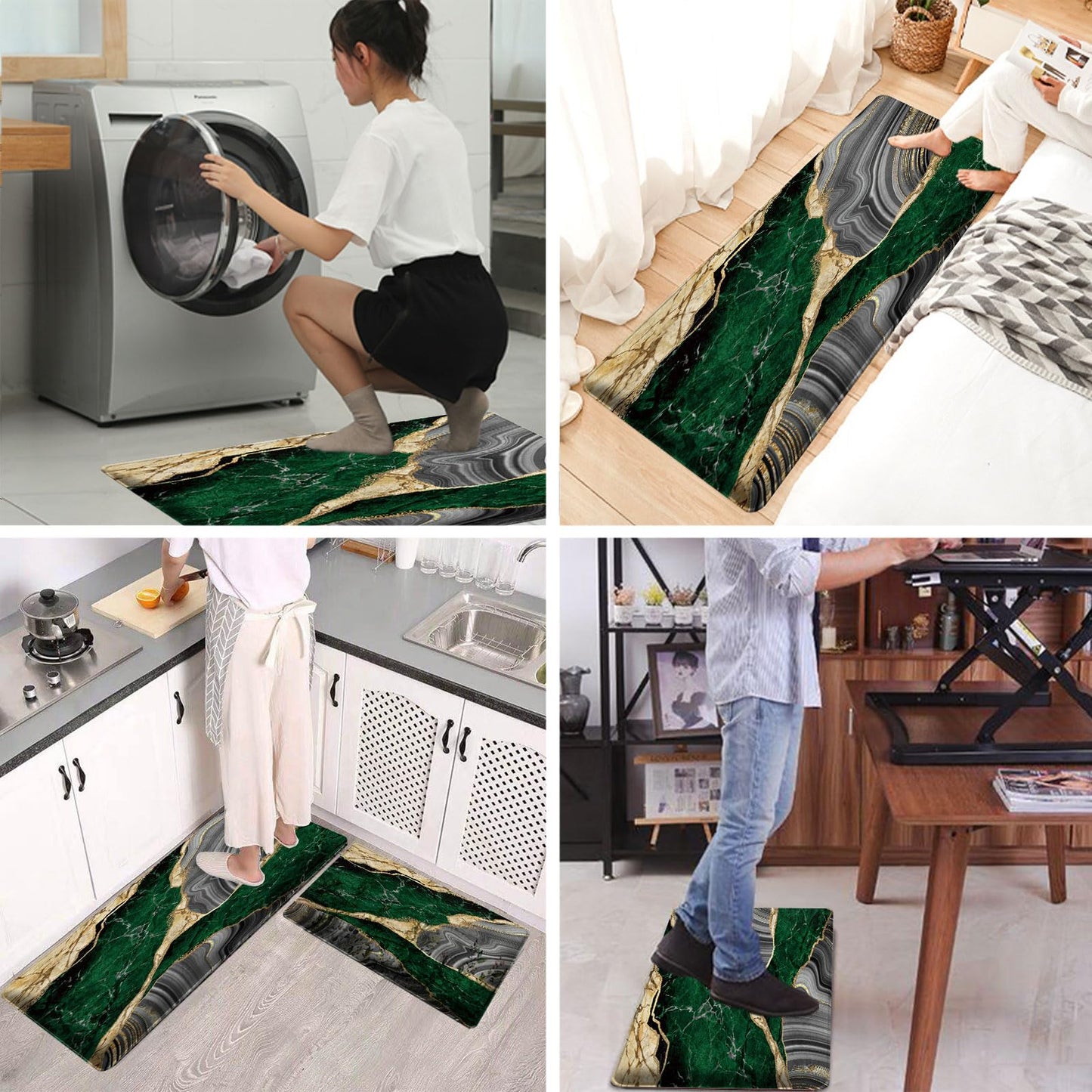 Bulijojo Green Ink Abstract Marble Anti Fatigue Kitchen Floor Mats Set of 2 Waterproof Kitchen Sink Runner Rug Standing Mat Cushioned Kitchen Rugs Comfort Doormat 17"x47"+17" x30“