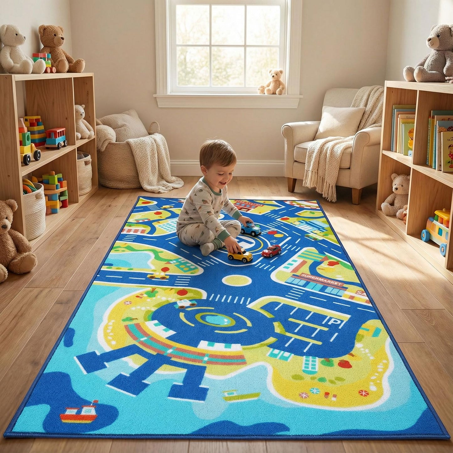 saihe Harbor Town City Road Play Rug for Kids: 27.5" x 51" Educational Blue Road Town Map Area Rug, Machine Washable Non-Slip TPR Backing | Interactive Play Mat for Playroom & Classroom