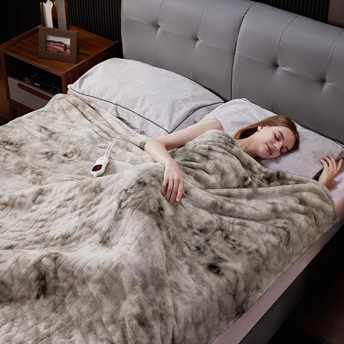 Guohaoi Heated Blanket Electric Throw, Soft Faux Rabbit Fur Electric Blanket with 10 Heating Levels 5 Sitting Timer Auto Off, Cozy Warm Heating Blankets, Machine Washable(84"×90" Light Grey)