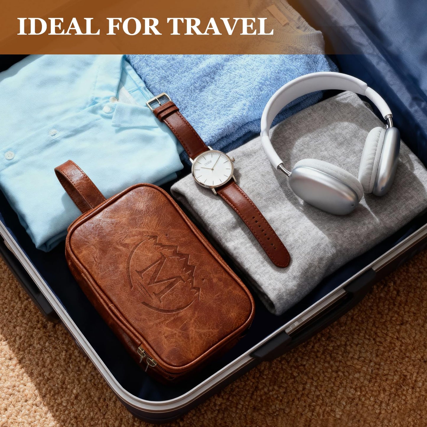 Personalized Toiletry Bag for Men,Father Day Gift for Dad Husband,Engraved Mens Toiletry Travel Bag,Waterproof PU Leather Shaving Bag,Mens Birthday Gift Ideas for Him,Groomsmen Gifts Brown- M