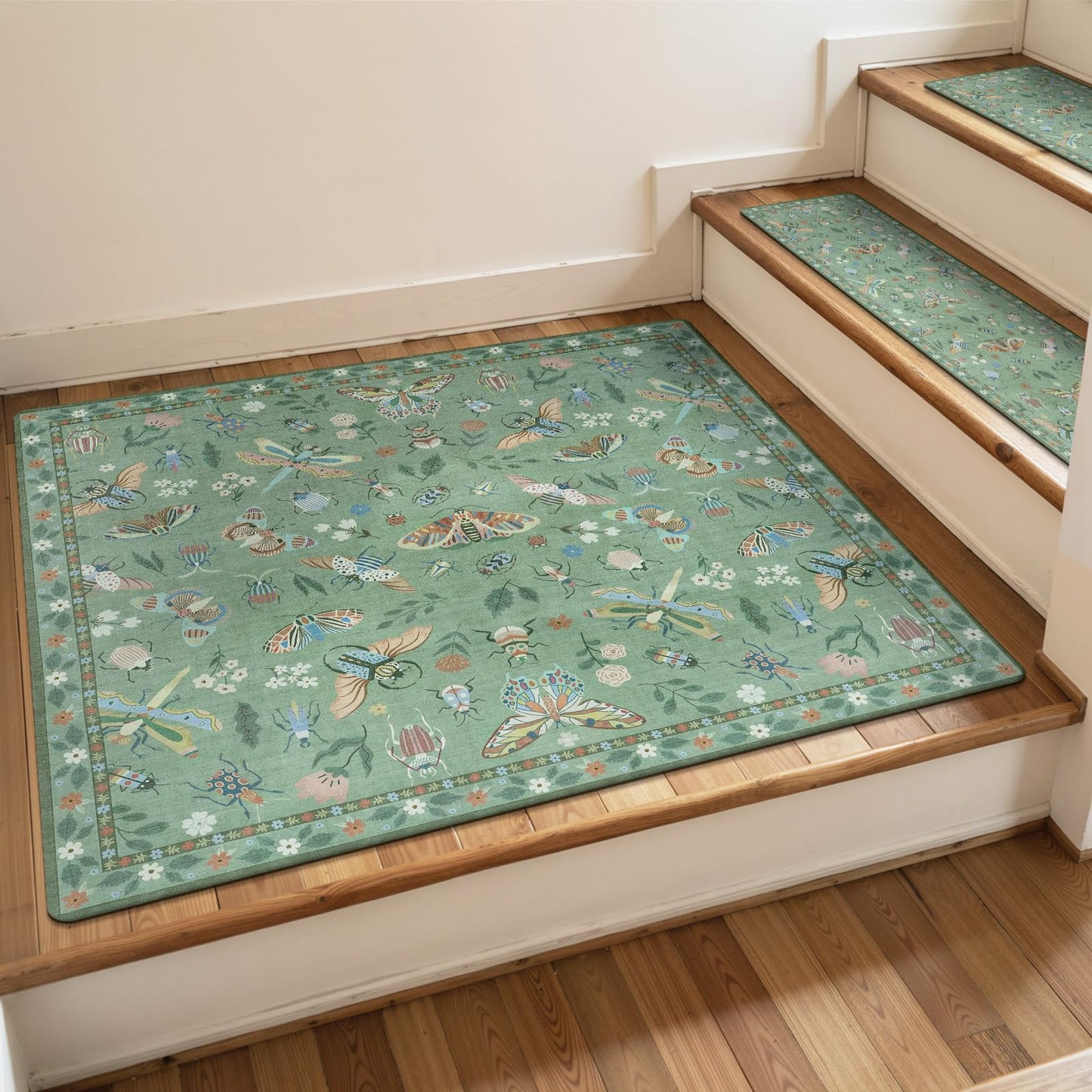 OJIA Stair Treads Non-Slip Matching Mat for Wooden Steps, Square Capet Stair Treads Rubber Backing Stair Runner Anti-Slip Stair Landing Mat 31x31 Inch Stair Rugs Carpet for Stairs, Green